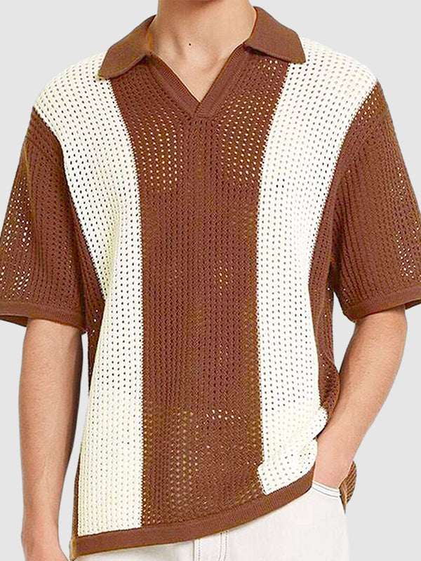 Męski sweter polo z dzianiny, z kolorowymi wstawkami