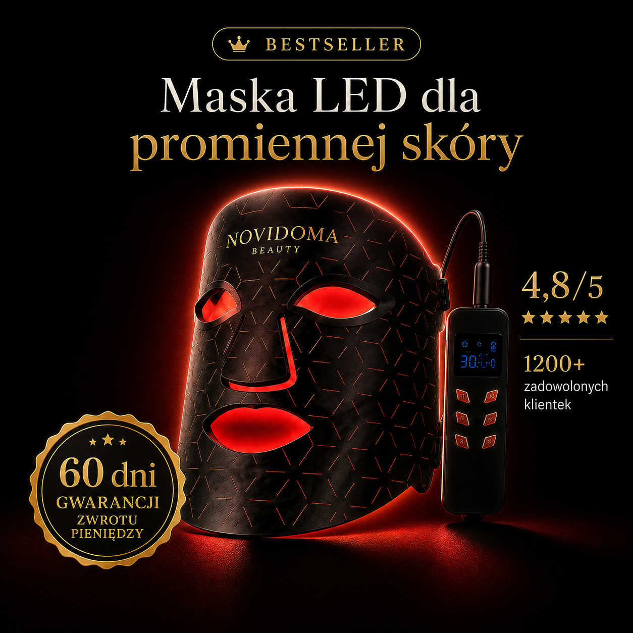 NOVIDOMA® Maska LED 7 kolorów | Domowa terapia światłem w przystępnej cenie